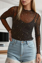Load image into Gallery viewer, Rhinestone Round Neck Long Sleeve Blouse