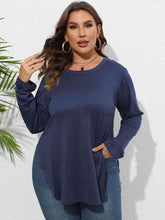 Load image into Gallery viewer, Plus Size Round Neck Long Sleeve Slit T-Shirt