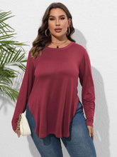 Load image into Gallery viewer, Plus Size Round Neck Long Sleeve Slit T-Shirt