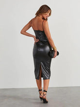 Load image into Gallery viewer, PU Slit Midi Dress