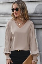 Load image into Gallery viewer, Pleated Lantern Sleeve V-Neck Blouse