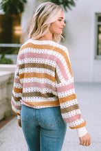Load image into Gallery viewer, Openwork Striped Round Neck Long Sleeve Knit Top
