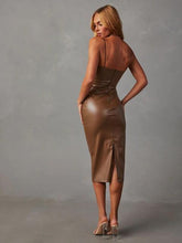 Load image into Gallery viewer, PU Slit Midi Dress

