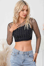 Load image into Gallery viewer, Pearl Long Sleeve Mesh Cropped Top

