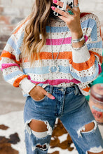 Load image into Gallery viewer, Openwork Striped Round Neck Long Sleeve Knit Top
